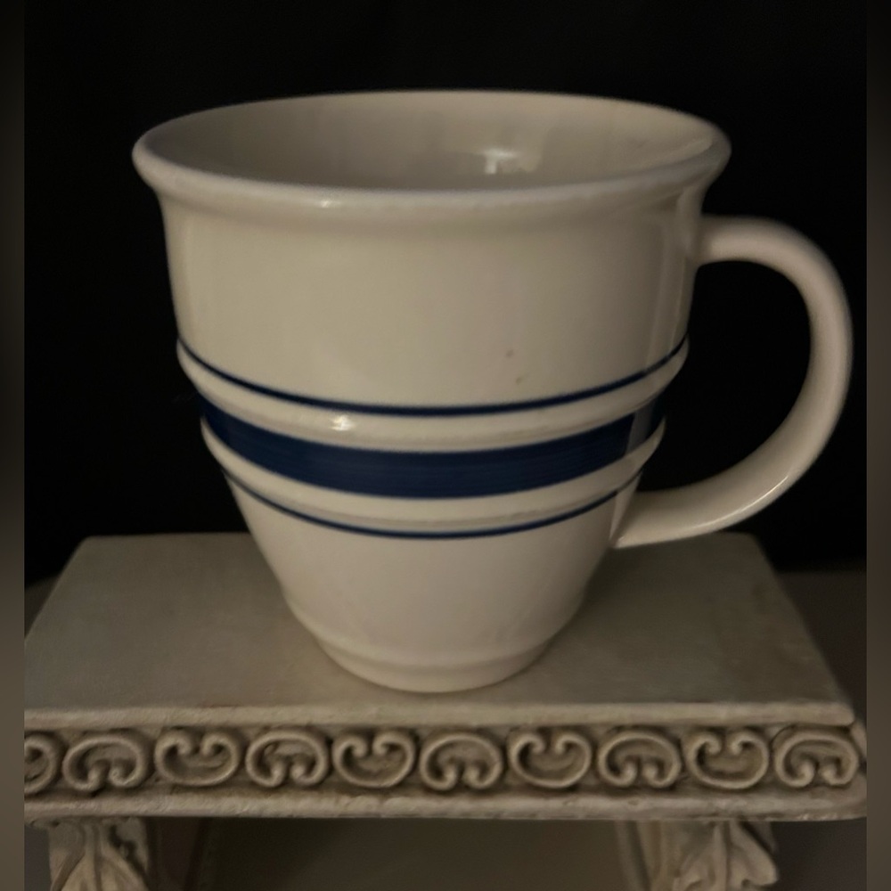 Country Crock Stoneware Mug. White/cream with blue stripes.